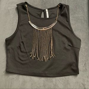 Black sleeveless crop top with gold removable necklace piece